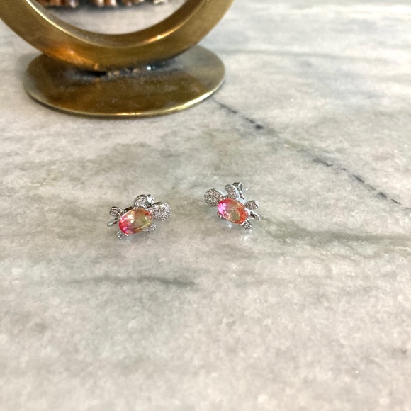 Rainbow Zircon Stone Pink Yellow Turtle Silver Earrings - Picture 2 of 4